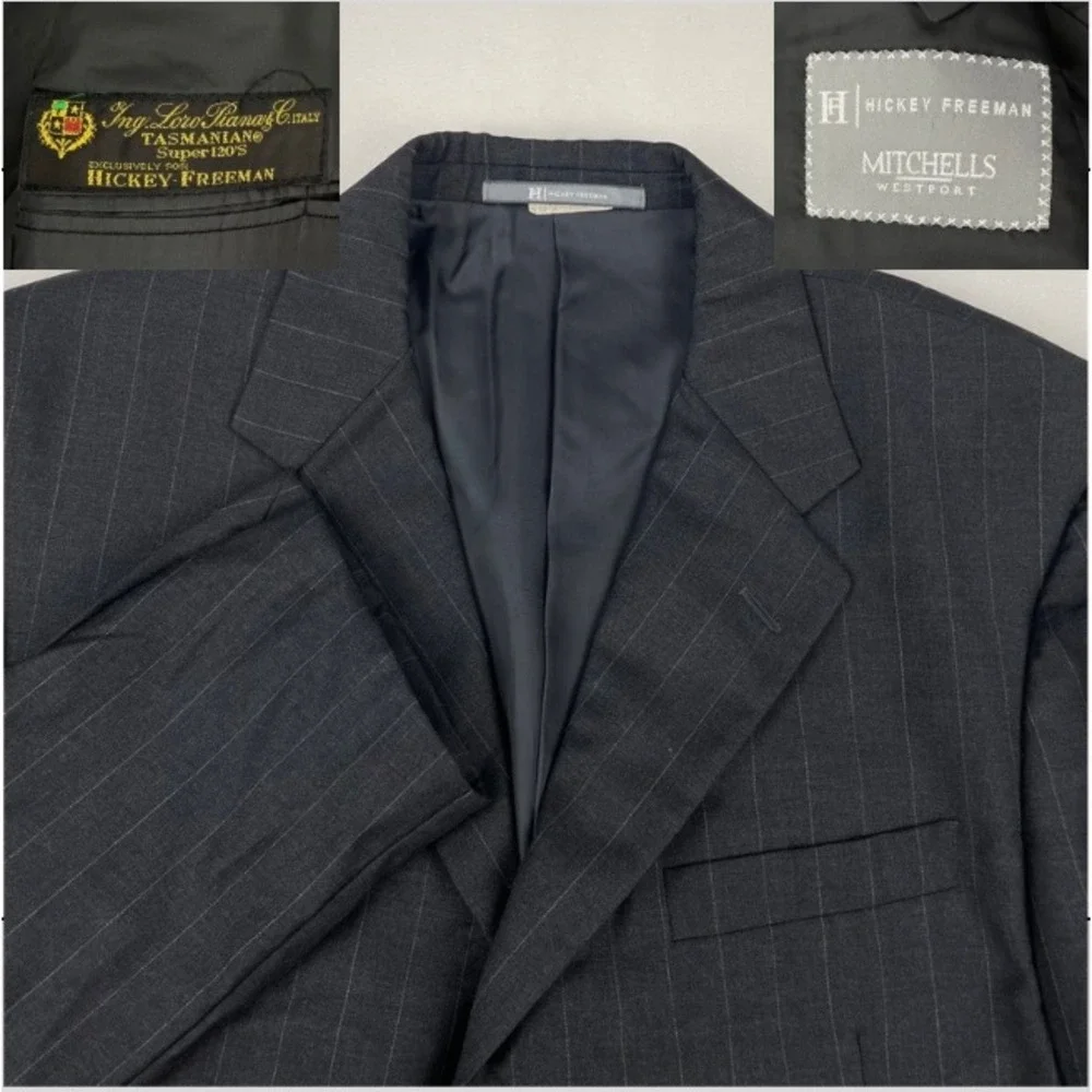 Hickey Freeman Loro Piana Tasmanian Super 120 Pinstripe Blazer 43R Charcoal Grey